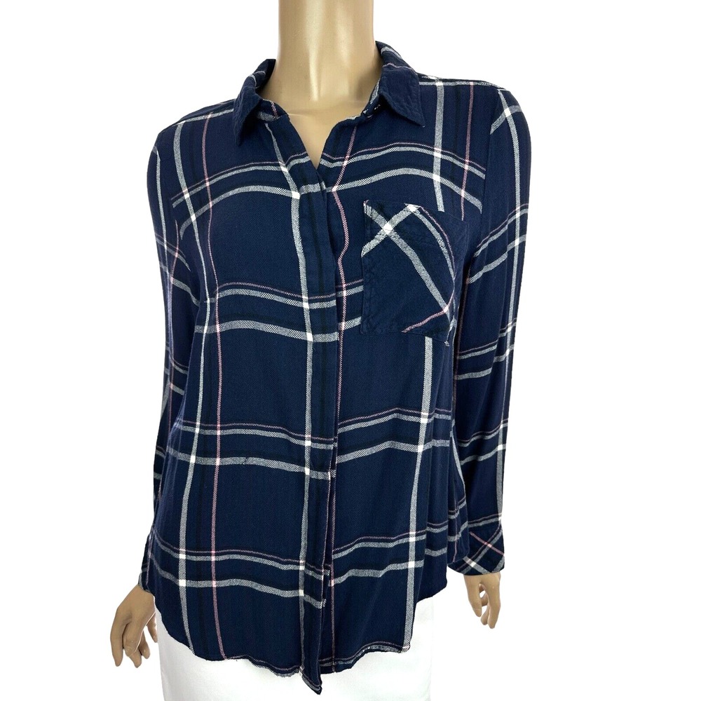 White House Black Market Size 10 Flannel Blouse Rayon Navy Blue/White/Pink Plaid